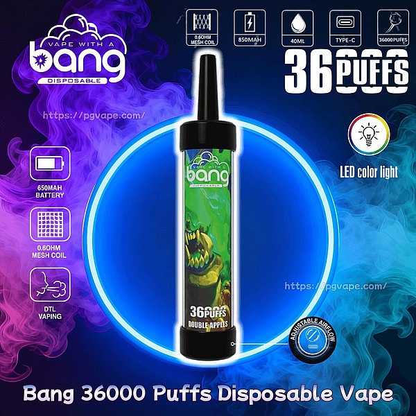 緑の Bang 使い捨て電子タバコのプロモーション グラフィック。青紫の煙を背景に輝く青いリングの内側に中央に配置され、「36,000 パフ」とラベルが付けられ、650mAh バッテリー、0.6Ω メッシュ コイル、Type-C 充電、および「Double Apples」風味の LED カラー ライトのアイコンが表示されています。.
