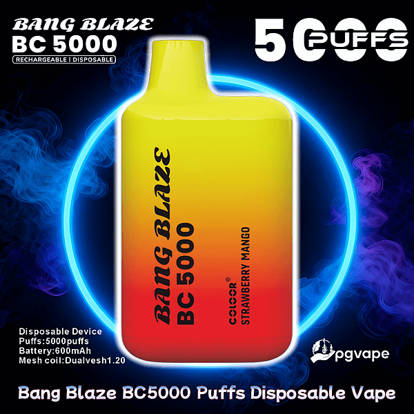 Bright yellow-to-red gradient rectangular disposable vape labeled "Bang Blaze BC 5000" and "Strawberry Mango" centered against a dark smoky background with a glowing blue ring, large "5000 PUFFS" text and small product specs at the bottom.