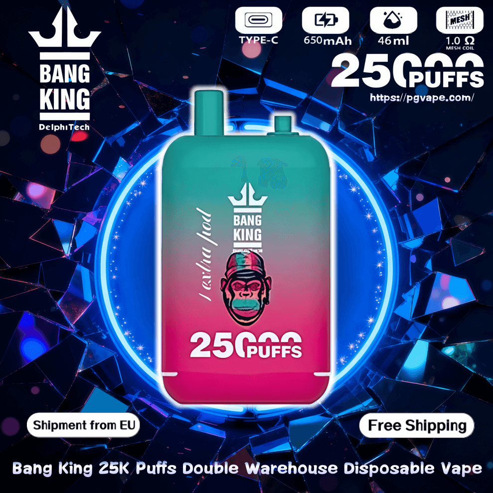 Advertisement showing a centrally placed Bang King DelphiTech disposable vape in a teal-to-pink gradient labeled 25,000 puffs, with icons for Type-C charging, 650mAh battery, 46ml e-liquid and 1.0Ω mesh coil, plus 'Shipment from EU' and 'Free Shipping' tags against a shattered neon-blue circular background.