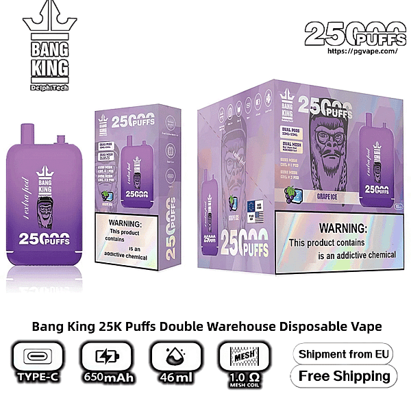 Purple Bang King disposable vape device and matching retail boxes labeled “25,000 puffs” and “Grape Ice,” featuring brand logos, a prominent warning that the product contains an addictive chemical, and icons indicating Type‑C charging, 650mAh battery, 46ml capacity, and 1.0Ω mesh coil.