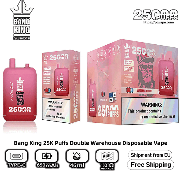 Pink Bang King disposable vape and matching retail boxes labeled 25,000 puffs (Watermelon Ice), showing the device and packaging with brand logo and icons indicating Type-C charging, 650mAh battery, 46ml e-liquid, 1.0Ω mesh coil, and free EU shipping.
