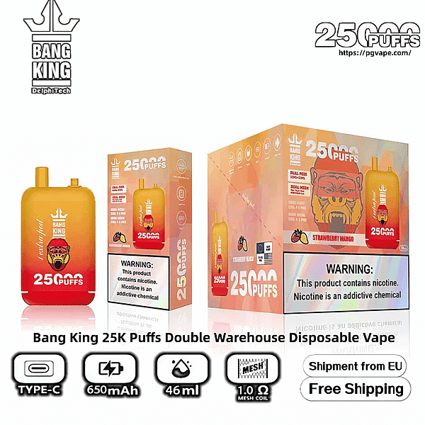Orange-to-red gradient Bang King disposable vape device with a stylized monkey logo shown alongside two matching boxes labeled "25,000 puffs" and "Strawberry Mango", featuring a nicotine warning label and icons indicating Type‑C charging, 650mAh, 46ml liquid, 1.0Ω mesh coil, and "Free Shipping".