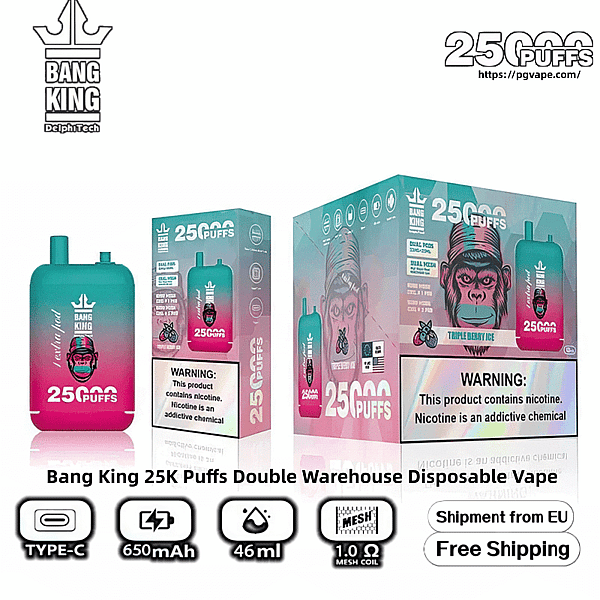 Packshot of Bang King disposable vape showing a teal-to-pink gradient device and two matching boxes with a gorilla-face logo, prominent '25,000 puffs' text, nicotine warning label, and icons for Type-C, 650 mAh, 46 ml and 1.0 Ω mesh coil plus 'Free Shipping' and 'Shipment from EU' badges.