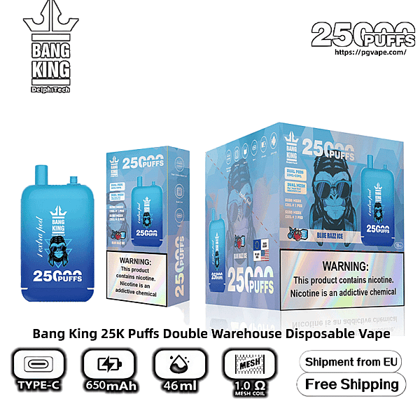 Advertisement-style image showing Bang King 25K Puffs disposable vape in blue 'Blue Razz Ice' packaging, featuring a blue device and boxes emblazoned with a stylized monkey wearing sunglasses, prominent '25,000 puffs' branding, a nicotine warning label, and icons for Type‑C charging, 650mAh, 46ml capacity, 1.0Ω mesh coil, EU shipment and free shipping.