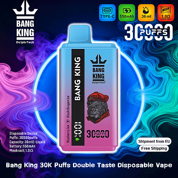 Gradient blue-to-pink rectangular disposable vape device labeled BANG KING with a gorilla logo and '30,000 puffs' text centered against a swirling purple and teal background, with icons showing Type-C, 550mAh, 36ml and 1.0Ω mesh coil and a 'Shipment from EU Free Shipping' badge.
