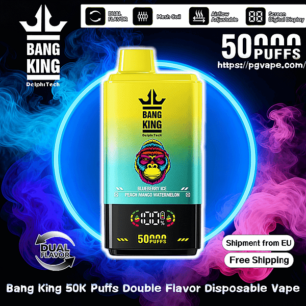 Bright yellow-to-teal Bang King disposable vape device with crown logo and digital puff display advertising 50,000 puffs, set against a neon blue circle with swirling blue and pink vapor and icons noting dual flavor, mesh coil, adjustable airflow and free EU shipping.