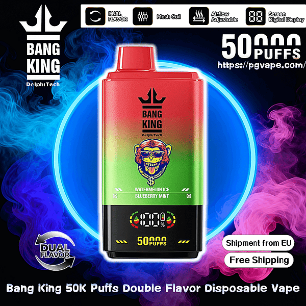 Red-to-green gradient disposable vape labeled BANG KING with a colorful monkey logo, digital screen and '50K puffs' text, flavor 'Watermelon Ice Blueberry Mint', set against neon blue circular background with blue and pink vapor and icons for dual flavor, mesh coil, adjustable airflow and free EU shipping.