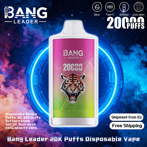 Front-facing colorful Bang Leader disposable vape with a roaring tiger graphic and large '20,000 puffs' branding, shown against a cosmic blue and purple smoky background with icons and text indicating 28ml capacity, Type‑C charging, 650mAh battery, dual‑mesh coil, and 'Shipment from EU' / 'Free Shipping' labels.