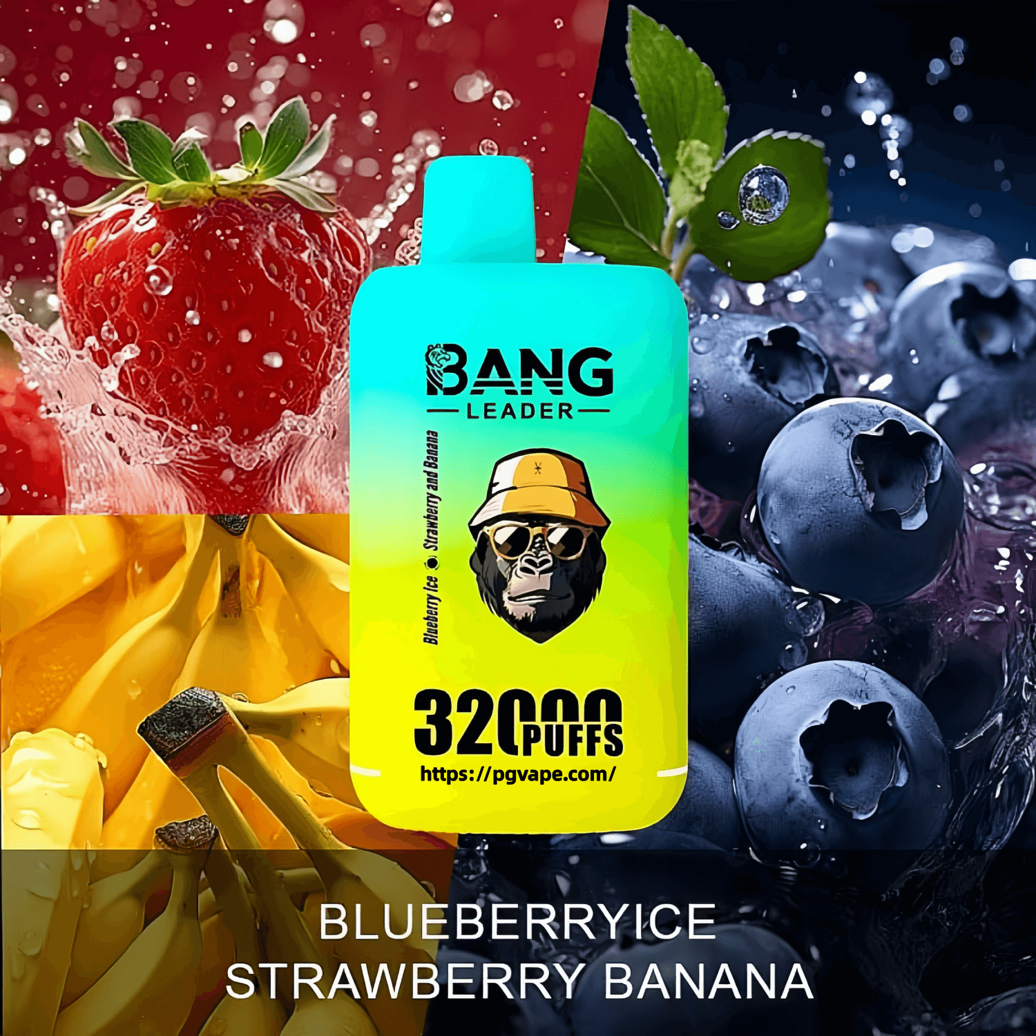 Colorful turquoise-to-yellow disposable vape device labeled BANG LEADER and 32000 PUFFS centered over a split-background collage of splashing strawberry, banana, and blueberry images with the flavor text BLUEBERRY RICE STRAWBERRY BANANA.