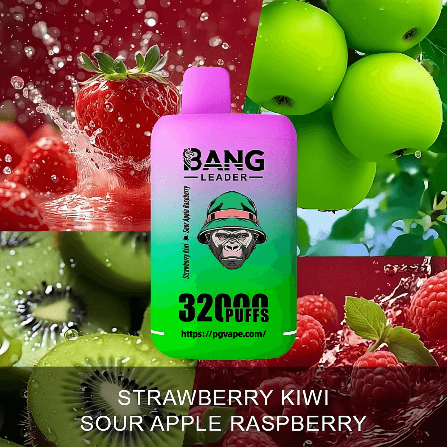 A pink-to-green disposable vape device labeled BANG LEADER and 32000 PUFFS centered on a collage of strawberries, green apples, kiwi slices and raspberries, with the flavor names Strawberry Kiwi Sour Apple Raspberry in white text along the bottom.