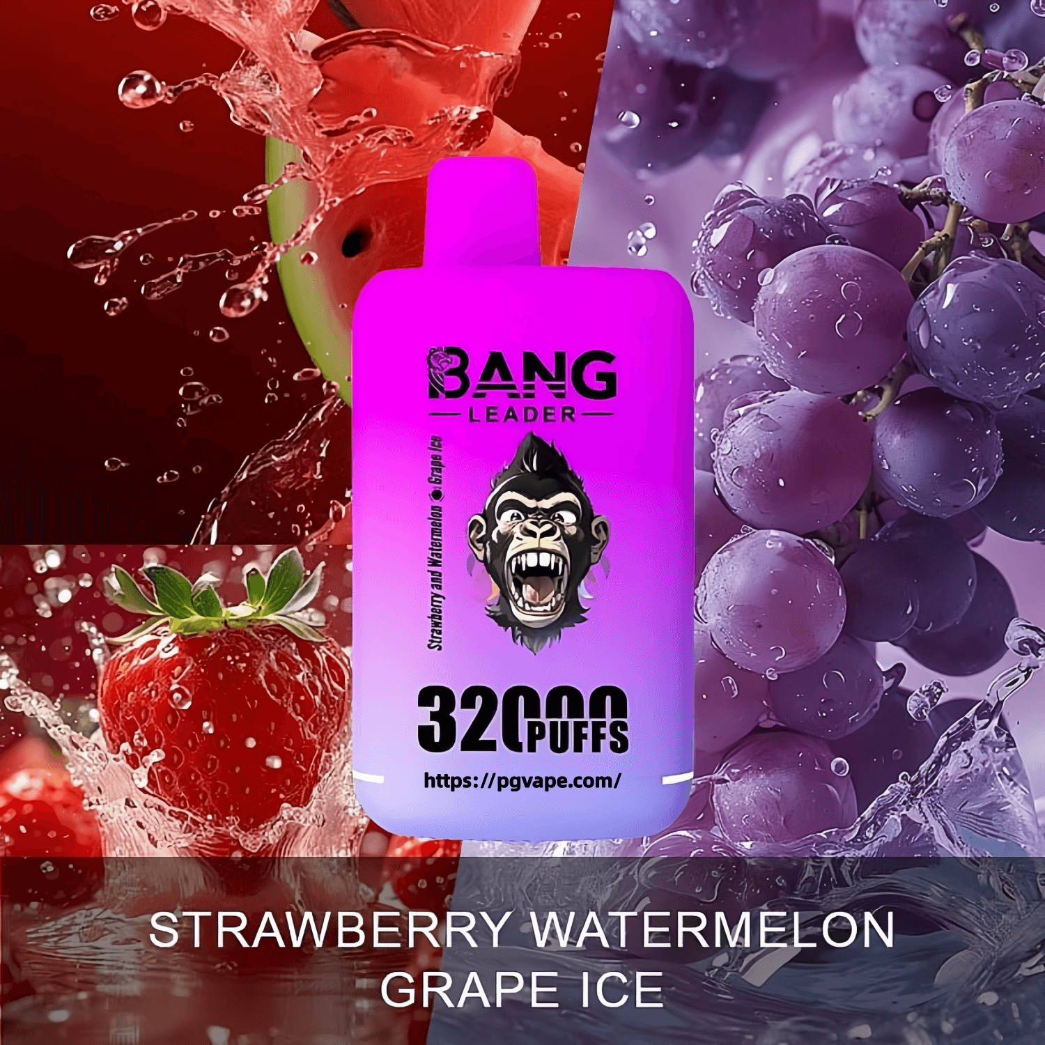 Pink-to-purple disposable vape device labeled BANG LEADER and 32,000 PUFFS centered over splashing strawberries, watermelon and frosty grapes, with the flavor text STRAWBERRY WATERMELON GRAPE ICE at the bottom.