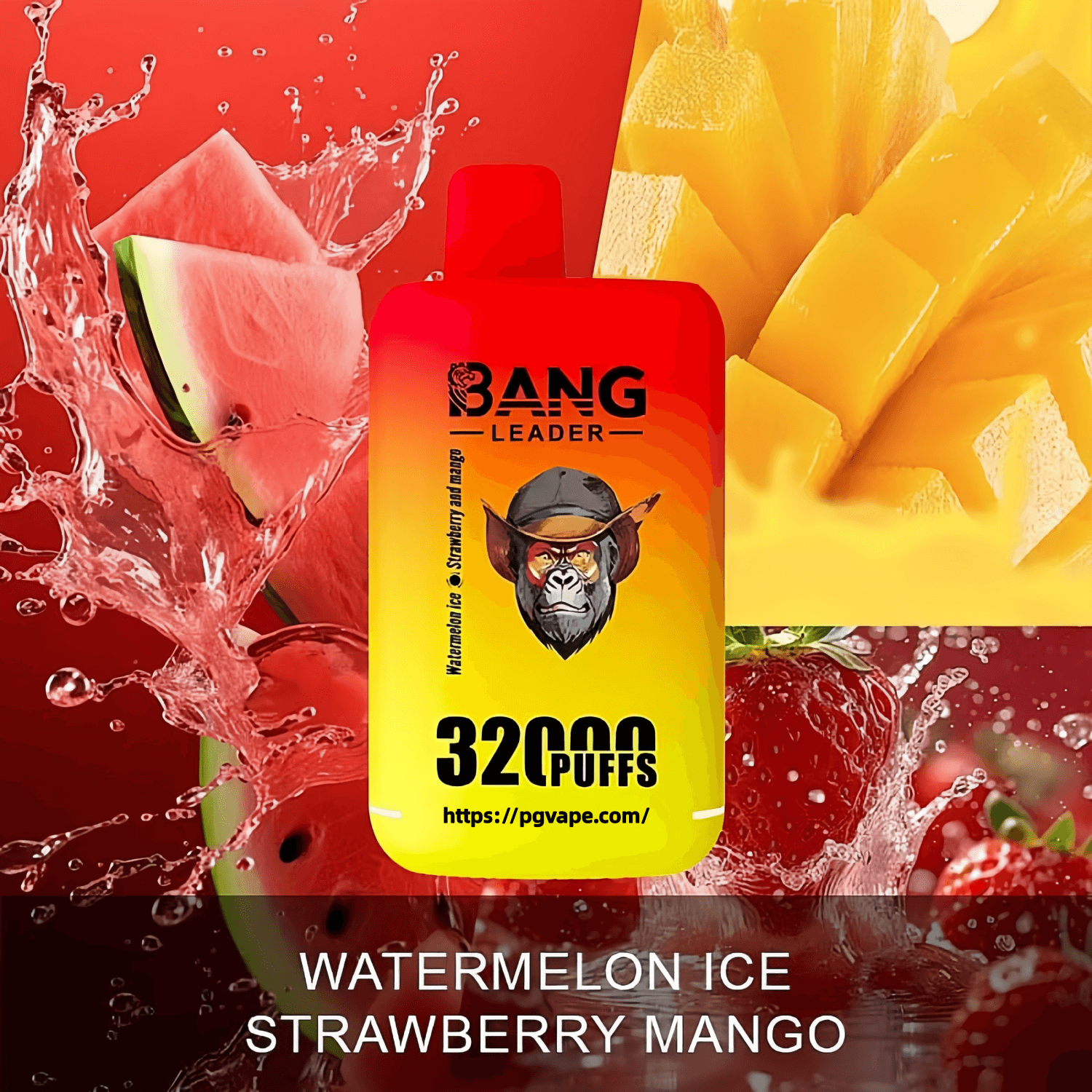 Bright red-to-yellow disposable vape device labeled BANG LEADER and 32000 PUFFS centered over splashing watermelon, mango and strawberry images with the caption WATERMELON ICE STRAWBERRY MANGO along the bottom.