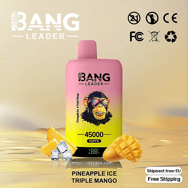 Pink-to-yellow Bang Leader disposable vape device labeled 45,000 puffs featuring a cartoon monkey in sunglasses, pictured with mango slices and ice cubes and surrounding certification icons and the text 'Pineapple Ice Triple Mango' and 'Shipment from EU Free Shipping'.