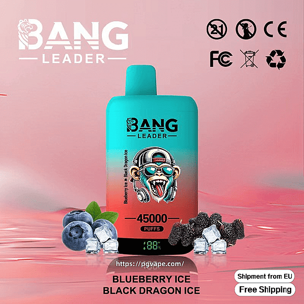 Cyan-to-red gradient disposable vape labeled BANG LEADER showing '45000 puffs' and a digital display, set on a pink surface with blueberries, dark berries and ice cubes, certification icons, a website URL and 'Blueberry Ice Black Dragon Ice' flavor and free-shipping badges.