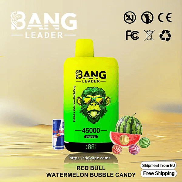 Bright green disposable vape device labeled BANG LEADER with a stylized monkey wearing sunglasses and '45000 puffs' text, shown on a reflective surface alongside a Red Bull can, sliced watermelon and colorful bubble candies, with certification icons and 'Free Shipping'/EU shipment labels in the background.