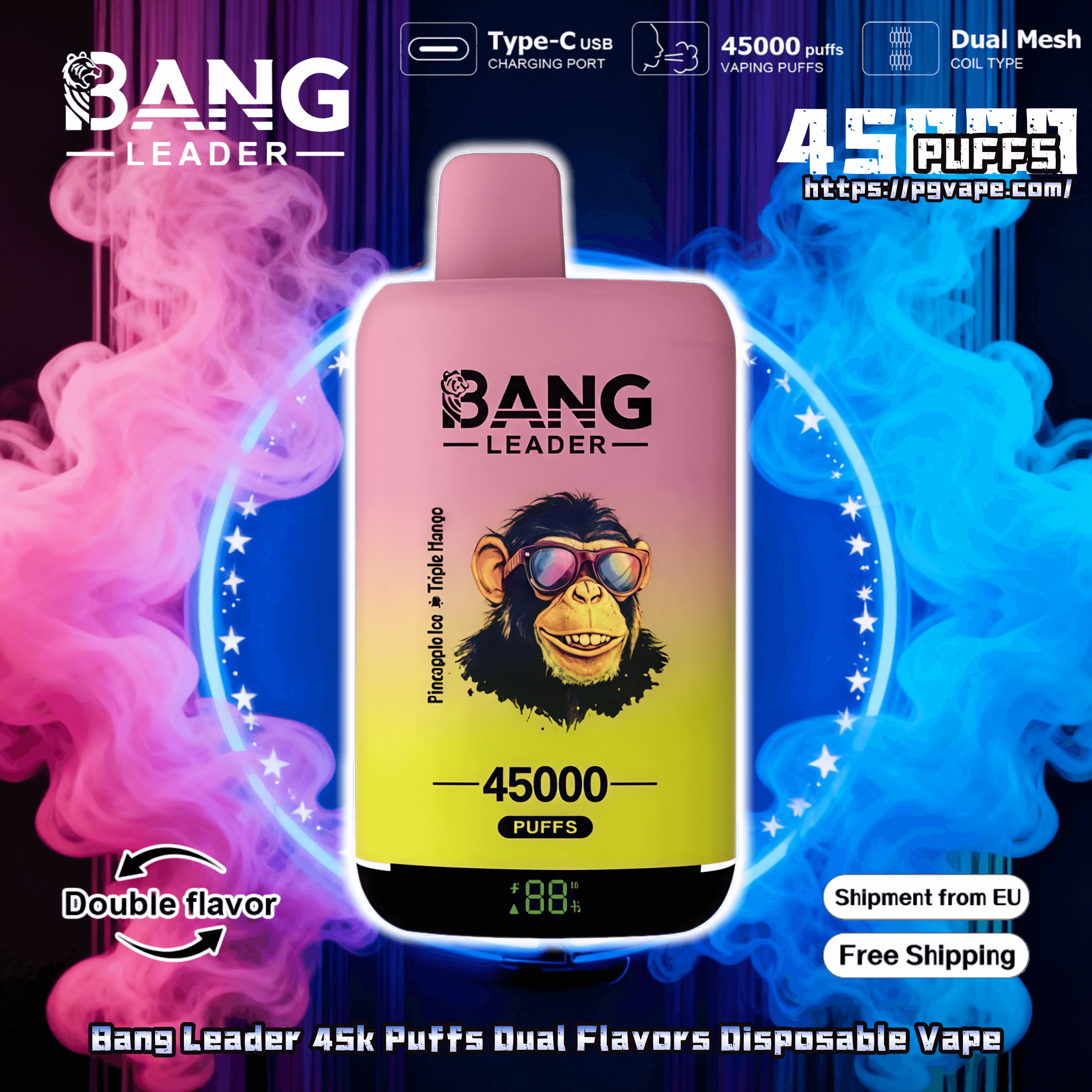 Disposable Bang Leader vape device with a pink-to-yellow gradient body and digital puff counter showing 45000, centered against swirling pink and blue vapor and a starry halo, with icons for Type-C charging and dual mesh coils, a 'double flavor' arrow graphic, and 'Shipment from EU' and 'Free Shipping' labels.