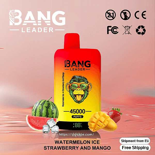 Red-to-yellow gradient disposable vape device branded BANG LEADER labeled 45,000 puffs and Watermelon Ice, Strawberry and Mango, pictured with watermelon, mango, strawberry, ice cubes and shipping/certification icons on a pink background.
