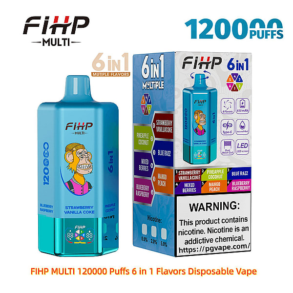 Blaugrüner FIHP Multi-Einweg-Vaporator und passende Box mit der Aufschrift “120000 PUFFS” und “6 in 1”, mit einem Cartoon-Affen auf dem Gerät, Symbolen mit sechs Geschmacksrichtungen (Erdbeer-Vanille-Kuchen, Ananas-Kokosnuss, Blue Razz, gemischte Beeren, Mango-Pfirsich, Blaubeer-Himbeere) und einer Nikotin-Warntafel.