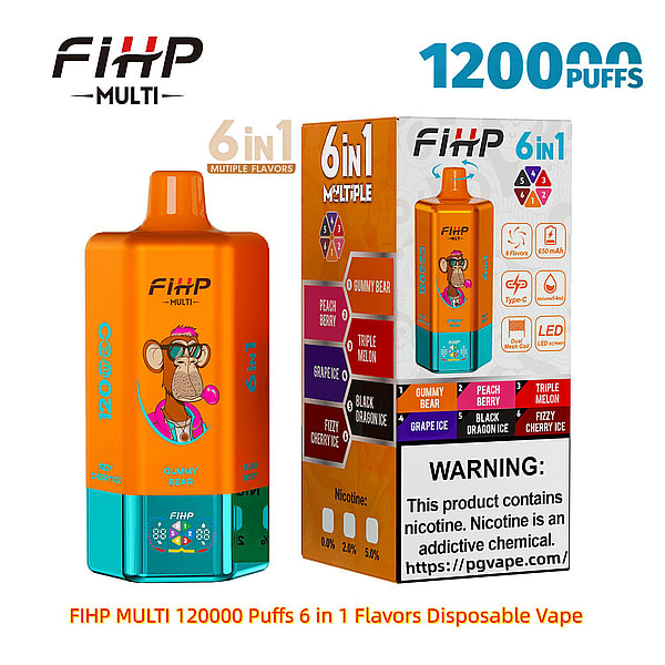 Leuchtend orange-blaugrünes FIHP Multi-Einweg-Vape-Gerät neben seiner farbenfrohen Schachtel mit der Aufschrift „120.000 Züge“ und „6-in-1“, sechs Geschmacksrichtungen (Gummy Bear, Peach Berry, Triple Melon, Grape Ice, Black Dragon Ice, Fizzy Cherry Ice), Nikotinstärkeoptionen, Produktsymbole und ein auffälliges Nikotinwarnfeld.