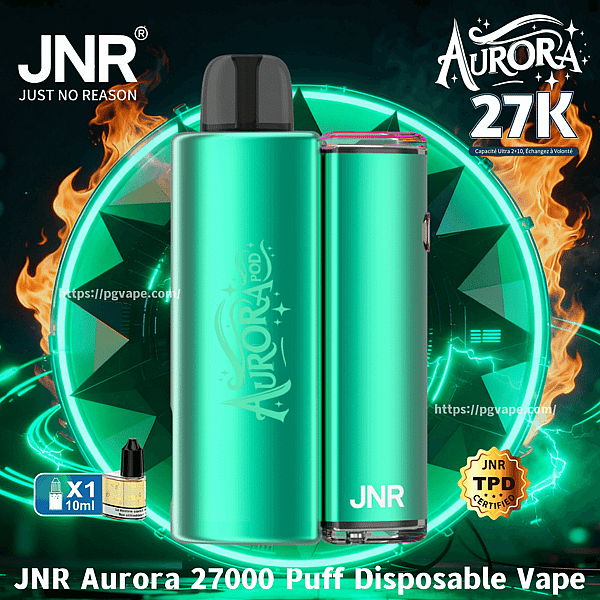 Dispositivo di vaporizzazione usa e getta JNR Aurora metallico color verde acqua con il logo Aurora e il marchio JNR centrato su uno sfondo circolare verde brillante con fiamme, testo 'Aurora 27K' prominente e una piccola icona di e-liquid da 10 ml.