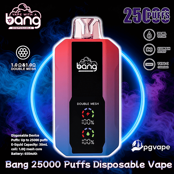 Dispositif de vape jetable Bang dégradé rouge à violet centré sur une fumée tourbillonnante bleue et violette avec un panneau avant noir étiqueté “ Double Mesh ” et des indicateurs LED, entouré d'icônes et de texte indiquant 25 000 bouffées, 30 ml d'e-liquide, une batterie de 650 mAh, une charge de type C et des logos de marque.