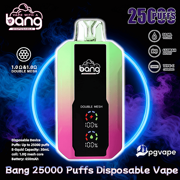 Centré sur un fond fumé bleu néon et violet, un appareil de vape jetable à dégradé arc-en-ciel étiqueté " Double Mesh " est présenté avec un texte promotionnel pour 25 000 bouffées et des icônes indiquant une capacité d'e-liquide de 30 ml, une batterie de 650 mAh et une charge de type C.