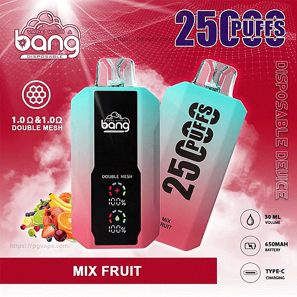 Deux appareils de vapotage jetables Bang rose pastel à bleu sarcelle sur fond rouge, l'un montrant un écran avant noir indiquant ' double maille ' avec des icônes de batterie et l'autre incliné avec un grand texte ' 25 PUFFS ', étiqueté Mix Fruit et accompagné d'icônes indiquant 1,0 Ω double maille, 30 ml de volume, 650 mAh de batterie et une charge de type C.