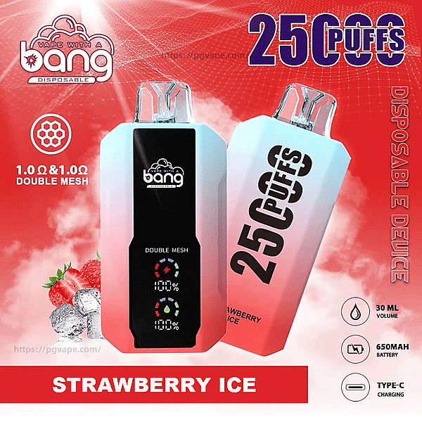 Deux appareils de vapotage jetables Bang roses et blancs étiquetés “ 25 Puffs ” avec un écran avant noir, des images de fraise et de glace et une bannière rouge indiquant “ Strawberry Ice ”, ainsi que des icônes indiquant un volume de 30 ml, une batterie de 650 mAh et une charge de type C.
