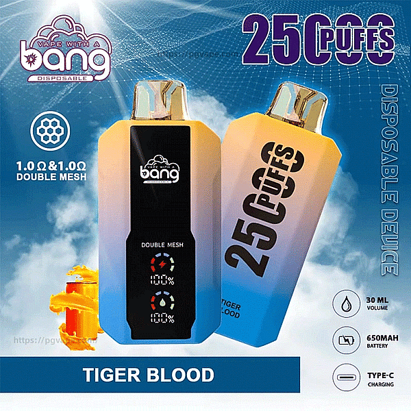 Deux appareils de vapotage jetables Bang dégradés de jaune à bleu sur fond bleu nuageux, l'un bien étiqueté 25 PUFFS et TIGER BLOOD et l'autre affichant le logo Bang, un affichage ' Double Mesh ' et des icônes pour une maille de 1,0 Ω, un volume de 30 ml, une batterie de 650 mAh et une charge de type C.