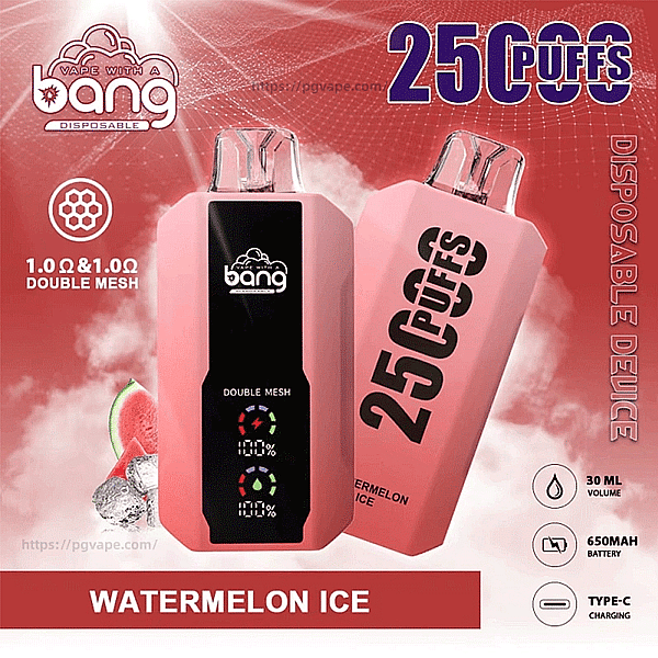 Publicité pour un vape jetable Bang rose montrant deux appareils : l'un de face avec un écran noir étiqueté " Double Mesh " et des indicateurs de batterie, l'autre incliné avec un grand texte " 25 PUFFS " — placé sur des graphiques de pastèque et de glace et étiqueté " Watermelon Ice ", " 1.0Ω & 1.0Ω Double Mesh ", " 30 ML ", " 650MAH " et " Type-C Charging ".