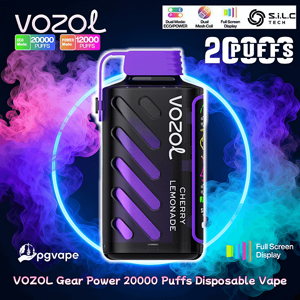 黒と紫の Vozol Gear Power 使い捨て電子タバコは、紫色のマウスピースと「チェリー レモネード」とラベルされた斜めの通気孔を備え、ピンクとティールの煙の中のネオン ブルーのリングを中心に、20,000 パフ、デュアル モード、全画面表示を宣伝するオーバーレイ テキストとアイコンが表示されます。.
