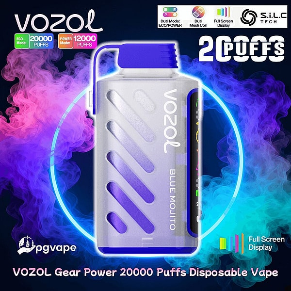 シルバーとパープルの Vozol Gear Power 使い捨て電子タバコ デバイスには、ネオン ブルーとピンクの煙を背景にブルー モヒートとラベルが貼られ、ブランド、アイコン、テキスト広告が付いています 20,000 パフ、デュアル モード、フルスクリーン ディスプレイ