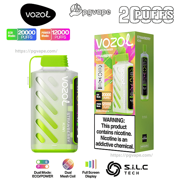 緑と白の Vozol Gear Power 使い捨て電子タバコ ボトルと、それにマッチするストロベリー キウイのリテール ボックス。エコ モード 20,000 パフとパワー モード 12,000 パフを示すロゴとバッジ、ニコチン 50 mg/ml の警告ラベル、デュアル モードとデュアル メッシュ コイルの機能アイコンが付いています。.