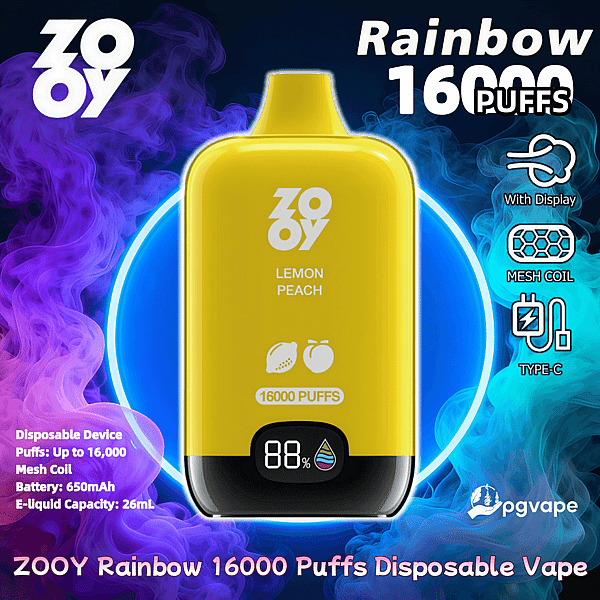 Bright yellow ZOOY disposable vape labeled Lemon Peach and 16,000 puffs centered against a purple and blue smoky background, with prominent 'Rainbow 16000 PUFFS' text, icons for display, mesh coil and Type‑C charging, and a small digital battery display reading 88%.