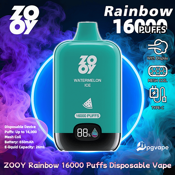 Teal ZOOY disposable vape device labeled "Watermelon Ice" centered against purple and blue smoke, showing "16000 PUFFS" and an 88% battery display, with surrounding text and icons advertising Rainbow 16000 puffs, mesh coil, Type‑C charging, 650mAh battery and 26mL e‑liquid capacity.
