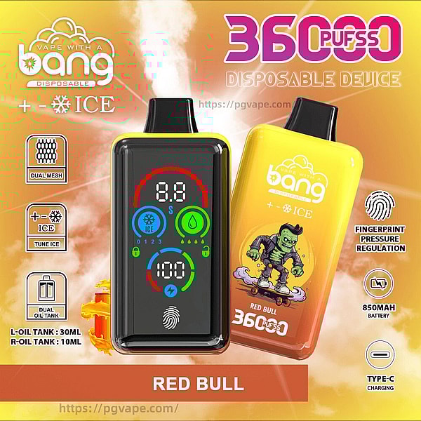 Two bright Bang disposable vape devices against an orange-yellow background—one front-facing with a digital touch display showing battery, ice and airflow icons and a fingerprint symbol, the other yellow-orange labeled “Red Bull” with a green skateboarder cartoon—surrounded by icons noting 36,000 puffs, dual mesh and dual oil tanks (L 30ml/R 10ml), ICE tuning, fingerprint pressure regulation, 850mAh battery and Type‑C charging.