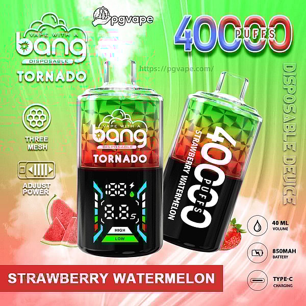 Reklambild av två grön-röda Bang Disposable Tornado vape-enheter märkta Strawberry Watermelon och 4000 puffar, en med en digital strömdisplay, omgiven av ikoner som noterar tre-mesh-spolar, justerbar effekt, 40 ml e-vätska, 850 mAh-batteri och Type-C-laddning
