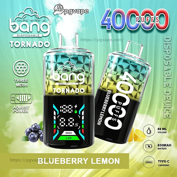 Kampanjbild av två Bang Tornado vape-enheter för engångsbruk i en blågrön gradient, en upprättstående med en digital effektdisplay och en lutad som visar “40000 puffar”, reklam för blåbärscitronsmak med blåbär och citronskivor och ikoner som noterar tre-mesh, justerbar kraft, 40 ml volym, 850 mC batteriladdning.