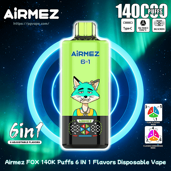 Bright green Airmez FOX 6-in-1 disposable vape with a cartoon blue fox on the label, against a neon ring background