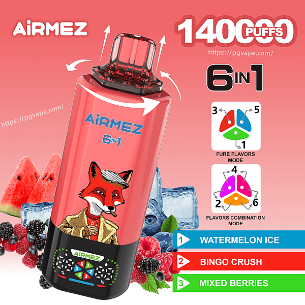Pink AiRMEZ 6-in-1 disposable vape with a rotating mouthpiece, 1400 puffs, shown with Watermelon Ice and other fruit flavors.