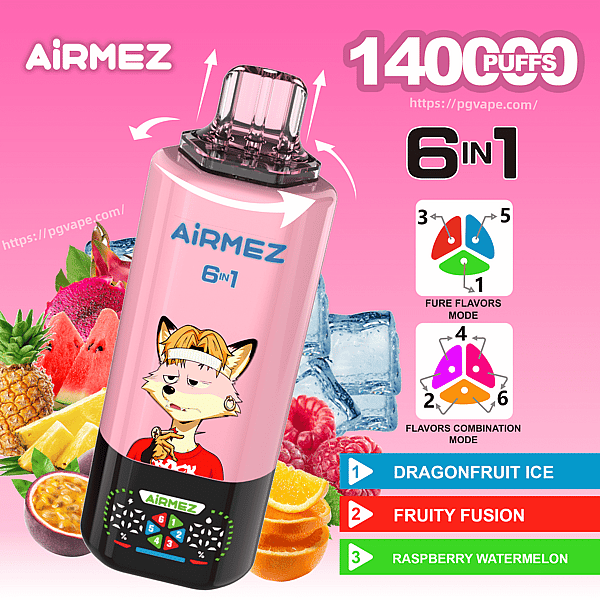 Pink AIRMEZ 6in1 disposable vape with a fox graphic, 1400 puffs, flavors: dragonfruit ice, fruity fusion, raspberry watermelon.