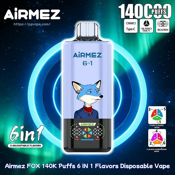 Blue Airmez 6-in-1 disposable vape with a cartoon fox, 140K puffs, set against a neon space background.