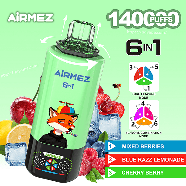 AiRMEZ 6in1 green disposable vape with clear mouthpiece, 1400 puffs, flavors Mixed Berries, Blue Razz Lemonade, Cherry Berry.