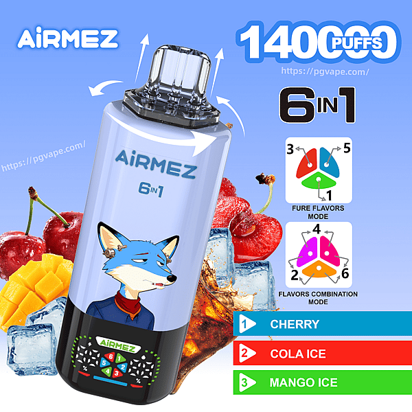 Light blue Airmez 6-in-1 disposable vape with a blue fox illustration, surrounded by cherries, mango, and ice; flavors Cherry, Cola Ice, Mango Ice.
