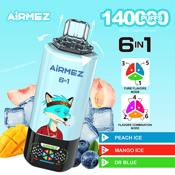 AirMEZ 6-in-1 disposable vape bottle angled with a cartoon fox; 1400 puffs, flavors Peach Ice, Mango Ice, Dr Blue.