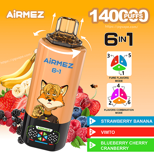 Airmez 6 in 1 vape device with a fox on an orange bottle, set against a fruit background, promoting 1400 puffs.