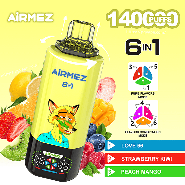 AiRMEZ 6-in-1 disposable vape in yellow with a cartoon fox, surrounded by fruit; notes 1400 puffs and flavor modes.