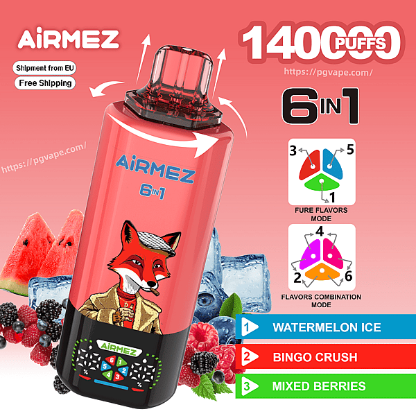 Pink AiRMEZ 6in1 vape with fox logo, 1400 puffs; flavors Watermelon Ice, Bingo Crush, Mixed Berries.