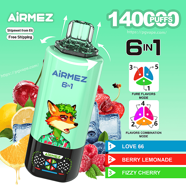 AiRMEZ mint-green 6-in-1 vape with a fox graphic, 1400 puffs, featuring Love 66, Berry Lemonade, and Fizzy Cherry.