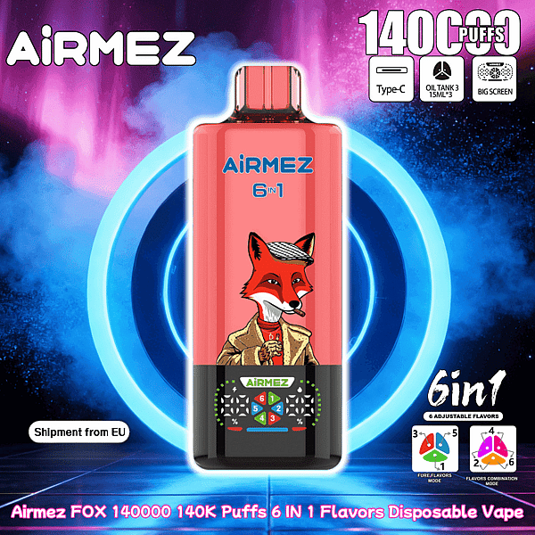 Pink Airmez 6 in 1 disposable vape with a cartoon fox in a trench coat, set against neon blue rings.